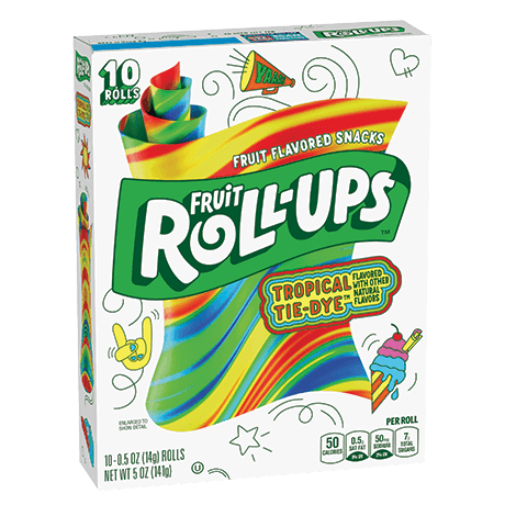 Fruit Roll-Ups Tropical Tie-Dye flavor, front of pack