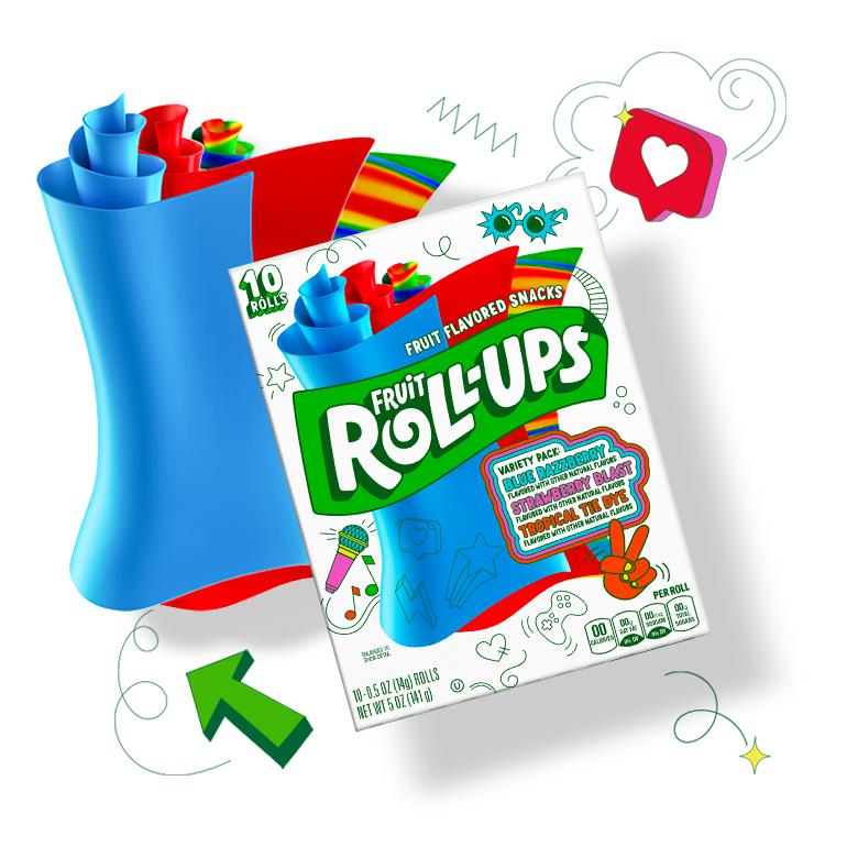 Fruit Roll-Ups Variety pack including Blue Razzberry, Strawberry Blast, and Tropical Tie Dye flavors, front of pack with a multi-colored roll-up next to it and small illustrations around it