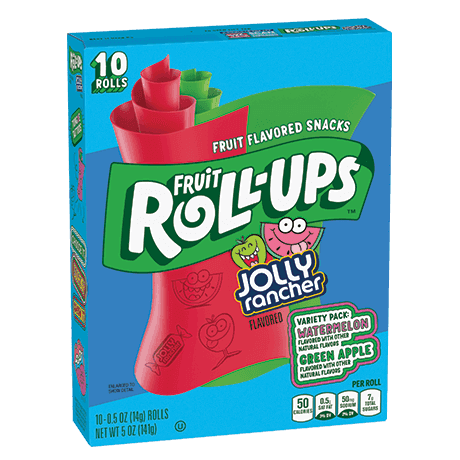 Fruit Roll-Ups Jolly Rancher variety pack including Watermelon and Green Apple flavors, front of pack