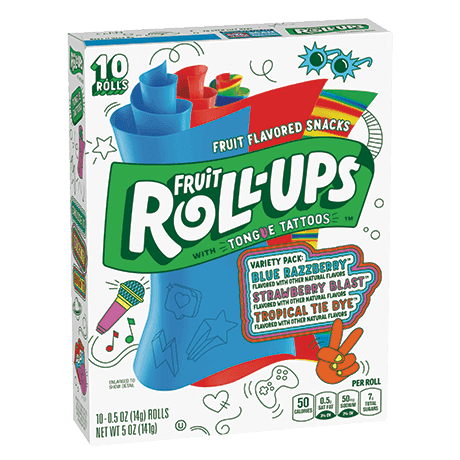 Fruit Roll-Ups Variety pack including Blue Razzberry, Strawberry Blast, and Tropical Tie Dye flavors, front of pack