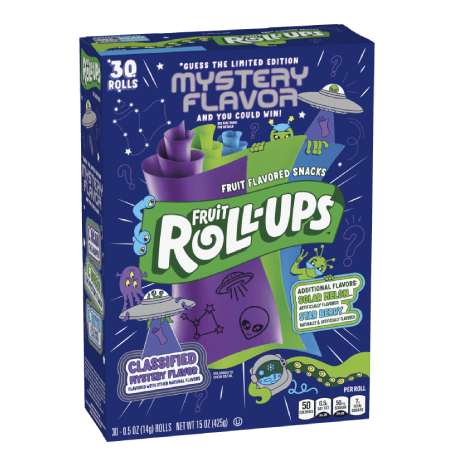 Fruit Roll-Ups variety pack including Solar Melon, Star Berry, and Mystery flavors, front of pack