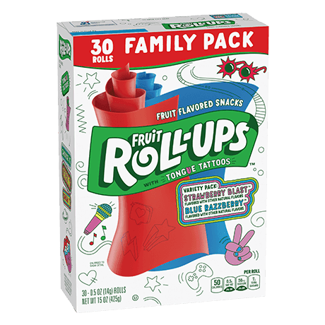Fruit Roll-ups 30 rolls Variety Pack, Strawberry Blast, Blue Razzeberry flavors, front of pack