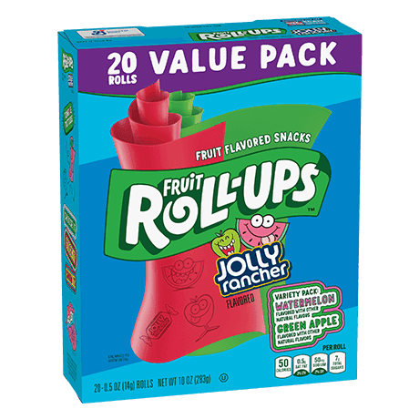 Fruit Roll-ups 20 rolls Variety Pack, Watermelon, Green Apple flavors, front of pack