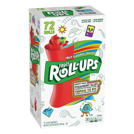 Fruit Roll-ups 72 rolls Variety Pack, Strawberry Blast, Tropical Tie Dye flavors, front of pack