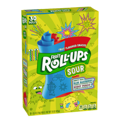 Fruit Roll-Ups variety pack including Sour Blue Razzberry & Berry Punch flavors, 30 rolls front of pack