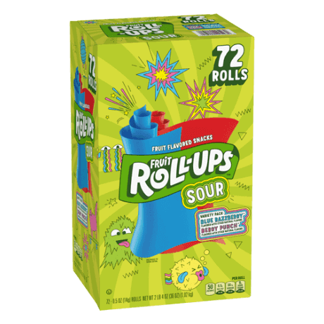 Fruit Roll-Ups variety pack including Sour Blue Razzberry & Berry Punch flavors, 72 rolls front of pack